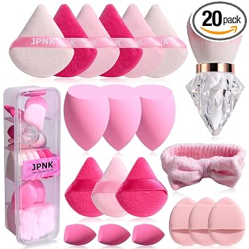 JPNK Juego de 20 esponjas de maquillaje con cepillo de polvo para líquido, crema y polvo y esponja de maquillaje de figura pequeña