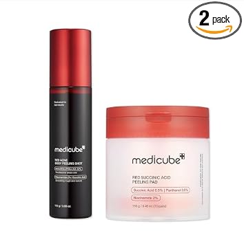 medicube Red Exfoliation & Tone-Care Duo: Disparo de peeling corporal rojo y almohadillas de pelado facial de pantenol de ácido succínico rojo