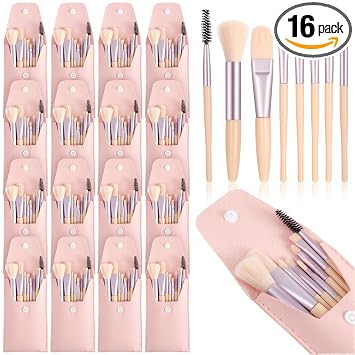 Juego de 16 mini brochas de maquillaje de viaje, cada juego contiene 8 brochas de maquillaje portátiles de tamaño de viaje con bolsas de cuero rosa claro para regalos de boda, regalos de dama de honor, despedida de soltera