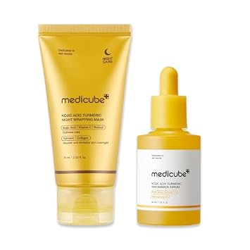 medicube Dúo de cuidado y nutrición durante la noche de ácido kójico para pieles problemáticas: ácido kójico cúrcuma envoltura durante la noche Mascarilla Peel Off 2.0 y suero de cápsula aclarante y equilibrante de cúrcuma de ácido kójico