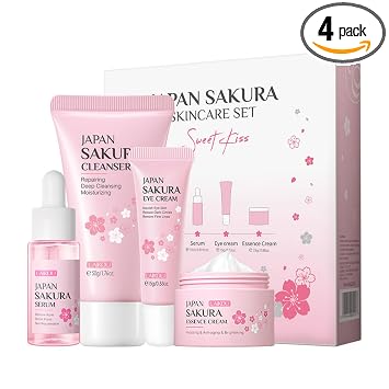 Kit de cuidado de la piel coreano para adolescentes y mujeres, tamaños de viaje, limpiador hidratante de flor de cerezo, suero antienvejecimiento, crema hidratante, crema para ojos, piel radiante, suave, limpieza, mini regalo de vacaciones (4 unidades)