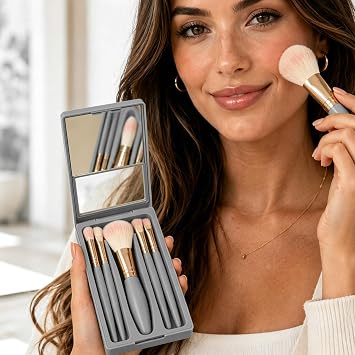 5Pcs Mini Travel Makeup Brush Set with Built-in Mirror, Portable Blue Kit, Soft Eyeshadow Makeup Brushes for Daily Outdoor