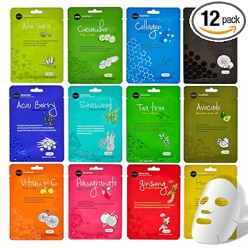 Celavi Essence - Paquete variado de mascarillas faciales de hojas hidratantes, mascarillas coreanas para el cuidado de la piel, paquete clásico de 12 unidades