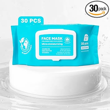 NSC Mascarillas hidratantes coreanas con ácido hialurónico, paquete de 30 mascarillas hidratantes de primera calidad, K-Beauty avanzada con manteca de karité y aceite de jojoba, suministro mensual para cuidado de la piel para todo tipo de piel