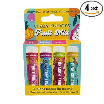 Crazy Rumors Fruit Mix - Bálsamo labial de 4 unidades, 100% natural, vegano, a base de plantas, fabricado en Estados Unidos