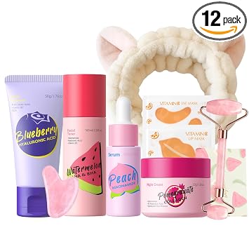 Juego de 12 piezas de cuidado de la piel de frutas, juegos y kits de cuidado facial de la piel con limpiador, tónico, suero, crema, máscara labial, rodillo facial y gua sha, kit de rutina diaria para
