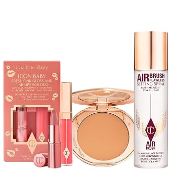 Charlotte Tilbury Holiday Kit - AIRbrush Flawless Setting Spray + AIRbrush Flawless Finish + Icon Baby Lip Duo - Hydrating Mist & Pressed Setting Powder Kit with Pink Lipstick Gloss Set