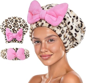 Microfiber Hair Towel Wrap with Bow Spa Headband 2-Piece Set