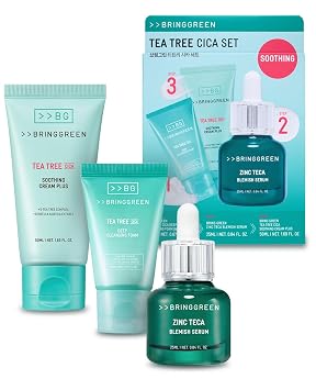 BRING GREEN ACEITE DE ÁRBOL DE TÉ CICA SET | Kit de cuidado de la piel coreana para piel propensa al acné y sensible | Suero Zinc Teca, hidratante y limpiador en espuma de árbol de té | Control de