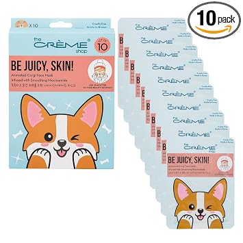 The Crème Shop Máscara facial animada de Corgi con niacinamida, mascarilla de hoja K-Beauty, paquete de 10 unidades