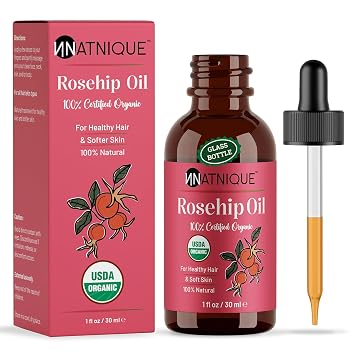 Natnique Aceite de semilla de rosa mosqueta orgánico, 1 onza – Hidratante prensado en frío certificado por USDA para cara, piel y cabello – Suero hidratante natural para arrugas y líneas finas – Ideal para masaje Gua Sha y brillo radiante