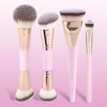 Cosmetic Brush Set, 4PCS Foundation, Powder, Contour, Concealer, eye Make up Brushes For Liquid Blending Cream Bronzer, Kabuki Face Brushes Makeup, Pink