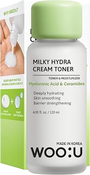 WOO:U Tónico lechoso para rostro con ácido hialurónico y ceramidas, probado por dermatólogos, antienvejecimiento, cuidado de la piel coreano, hidratación profunda, piel de aspecto más suave y soporte