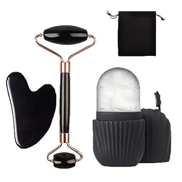 Face Roller Gua Sha Set, Ice Facial Roller Anti Aging Face Eye Skin Care Kit with Storage Bag(Black - 4-piece set)