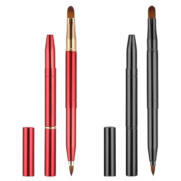Paquete de 2 cepillos retráctiles para lápiz labial con tapa, pinceles de maquillaje de labios de doble extremo, aplicador de pincel de lápiz labial retráctil, aplicador de pincel de lápiz labial, negro, rojo