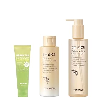 Paquete de aceite limpiador para derretir maquillaje TONYMOLY I'm Rice + protector solar coreano de té verde para cara, protector solar de tamaño de viaje SPF 50 + limpiador enzimático exfoliante I'm