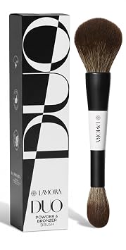 Lamora - Brocha de maquillaje de doble extremo, polvo + bronceador, cepillo facial esponjoso
