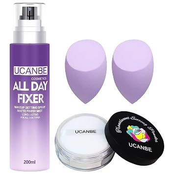 UCANBEMAKUP - Kit de spray de maquillaje de larga duración, 6.76 onzas líquidas, acabado mate hidratante, niebla, fijador de maquillaje facial ligero + polvo de ajuste suelto translúcido + juego de 2 esponjas