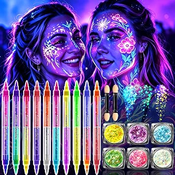 Bolígrafo de pintura corporal fluorescente de 20 colores, bolígrafo delineador de ojos facial fluorescente UV, con paquete de 6 colores de gel de purpurina fluorescente
