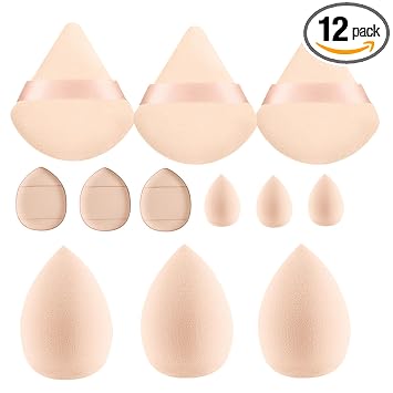 12 esponjas de maquillaje para líquidos, crema y polvo, esponjas de maquillaje para base, soplo de polvo, cara triangular, maquillaje facial, soplo húmedo y seco, de doble uso (beige)