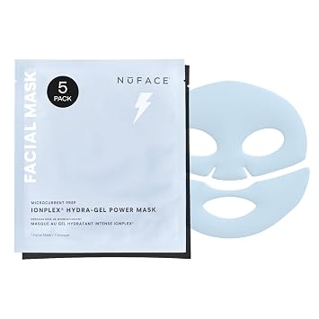 NuFACE IonPlex Hydra-Gel Power Mask - Mascarilla hidratante coreana, 2 hojas refrescantes para el cuidado de la piel + alantoína y glicerina para piel húmeda, cristalina, rellena y suaviza las líneas finas, K-Beauty vegano, 5 unidades