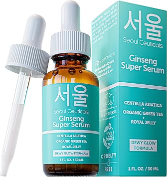 SeoulCeuticals K Beauty - Suero de ginseng coreano para el cuidado de la piel con té verde + centella + jalea real, libre de crueldad animal y orgánico para piel de vidrio, 1 onza