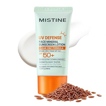 MISTINE Loción de protección solar mineral SPF 50+, sin óxido de zinc fundido blanco, protector solar coreano ligero y no aceitoso para pieles sensibles, no comedogénico, seguro para arrecifes, tamaño