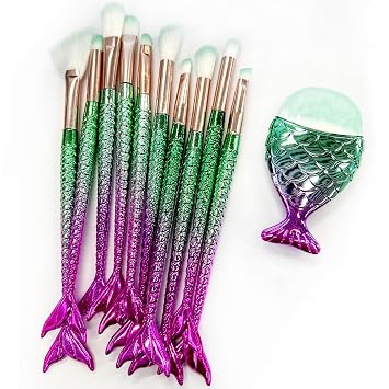 Juego de brochas de maquillaje para niñas, con coloridas asas de cola de pez, juego de 11 piezas, para cejas, base, rubor, delineador de ojos y pinceles correctores