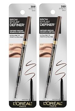L'Oreal Paris Lápiz de cejas de maquillaje resistente al agua, lápiz mecánico ultrafino, dibuja pequeños pelos de cejas y se rellena en áreas escasas y huecos, color morena, 0.003 onzas (paquete de 2)