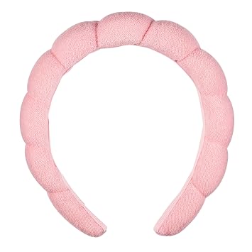 Conair Diadema de spa para maquillaje y lavado facial, diseño de burbujas rosas, 1 unidad, diadema ultraabsorbente de microfibra para lavarse la cara, suave paño de rizo, sin exprimir, banda sin tirón