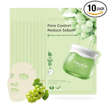 FRUDIA Hojas de máscara facial de control de poros de uva verde (paquete de 10), mascarillas coreanas con 60% extracto de uva verde, complejo de poros de tanino y anti sebo P para hidratación y minimización de poros