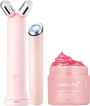 medicube Glass Glow Booster Duo: Mini Booster Pro Plus Pink & Collagen Jelly Cream | Mejora la absorción y el resplandor | Reafirmante, hidrata y brilla | Dispositivo facial coreano, regalos para