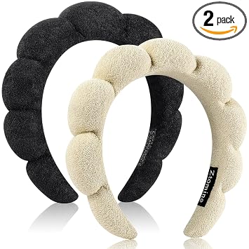 Ztomine Juego de 2 diademas para el cuidado de la piel, paquete combinado de diadema de tela de toalla para lavado facial, diademas de maquillaje hinchadas para lavado de cara, máscara (beige + negro)