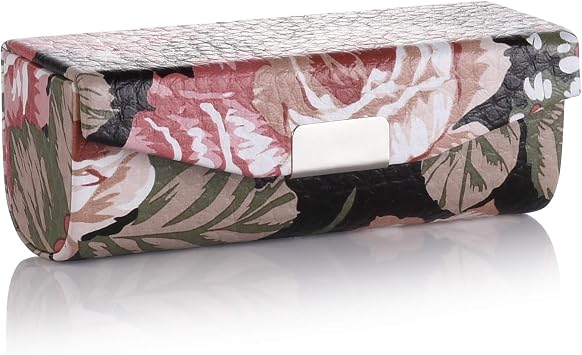 Beautyflier Estuche de piel sintética para lápiz labial para mujer, con espejo, rectangular, estuche de viaje para maquillaje, para bolso, soporte para lápiz labial (Flor Negra)