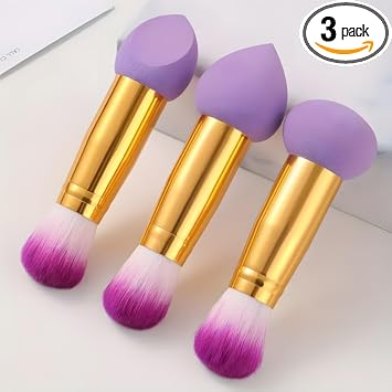 3 Pcs Foundation Sponge Powder Puff, Double Ended Makeup Sponge Brush Two in One Multi Function Foundation Sponge Brush,with Handles, Dry-Wet Separation, with 3 Sponge Shapes（Violet）