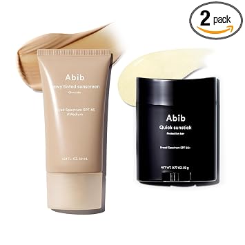 Abib Quick Sunstick & Dewy - Tubo de brillo de protección solar tintado (mediano) Duo: SPF50+ barra brillante + protector solar teñido SPF45, sin blanco yeso, cuidado de la piel coreano