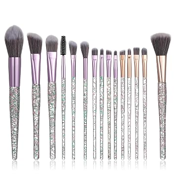 Juego de 15 brochas de maquillaje grises, con purpurina de cristal, lindo cepillo de maquillaje para sombra de ojos, kit profesional de base facial, corrector líquido, maquillaje, belleza, delineador de ojos, juego de brochas cosméticas para mujeres