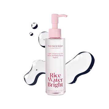 The Face Shop Rice Water Bright Light Aceite de limpieza facial, removedor de maquillaje diario, limpiador de aceite, vegano, cuidado de la piel coreano con aceite de jojoba, limpiador de poros