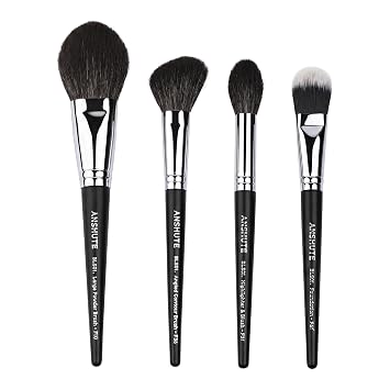 Juego de 4 brochas de maquillaje de pelo natural profesional de cabra – cepillos faciales para polvo, rubor, contorno, resaltado y base. Cerdas súper suaves, variedad de cepillos. Mango de