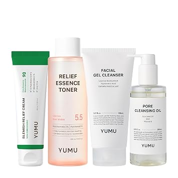 YUMU Glow Essential - Set de 4 pasos para el cuidado de la piel sensible, doble limpieza con aceite limpiador y limpiador, tóner esencia y crema de zinc, cuidado de la piel coreano