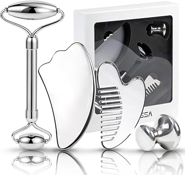 Juego de rodillos faciales de acero inoxidable 4 en 1 y Gua Sha