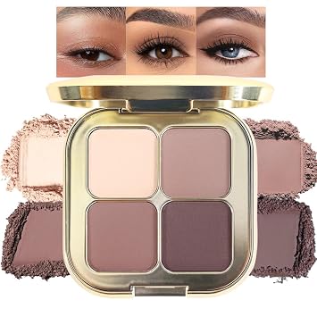 Paleta de maquillaje de sombra de ojos en 4 colores marrón topo nude con espejo, paletas de sombras de ojos en polvo neutro natural para mujeres mayores, de larga duración, de aspecto natural