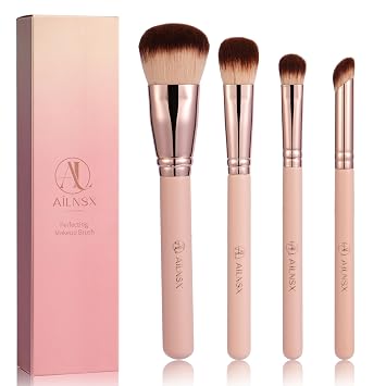 Juego de 4 brochas de maquillaje, 4 brochas faciales rosas para base, polvo, rubor, contorno y corrector, cerdas sintéticas suaves, virola de oro rosa