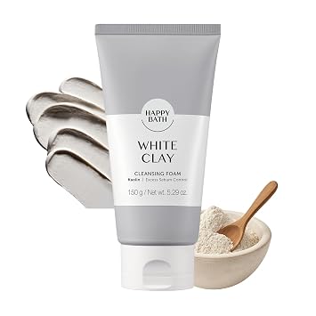 HAPPY BATH Limpiador facial de arcilla blanca, limpiador natural de poros profundos, combinación con piel grasa, lavado facial coreano espumoso, fórmula suave para uso diario, 5.29 onzas líquidas