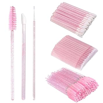 G2PLUS Kit de 300 suministros de extensión de pestañas de cristal, 100 varitas desechables para labios, aplicadores de cepillo de rímel, micro hisopos con purpurina para cejas, extensiones de pestañas y kits de maquillaje (rosa)