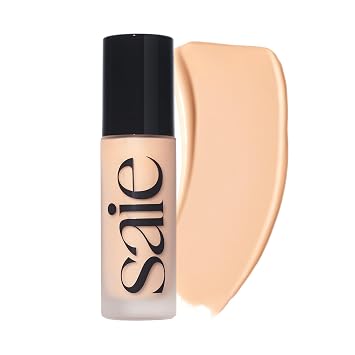 Saie Glowy Super Skin Tint Base líquida – Base ligera + húmeda con cobertura media ligera – Maquillaje facial hidratante + suero para el cuidado de la piel híbrido con ácido hialurónico – Sombra 8 (1.01 onzas)