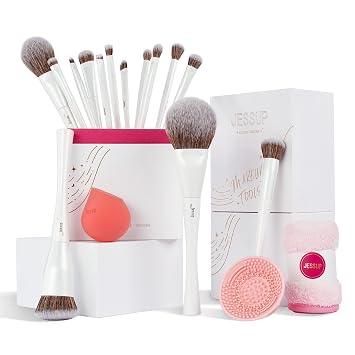 Jessup Set de regalo de brochas de maquillaje para mujeres con limpiador de