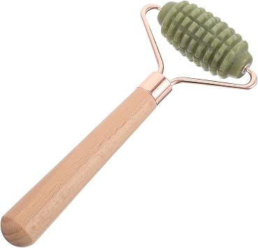Lurrose Single Head Jade Face Roller Massager with Wooden Handle for Eyes