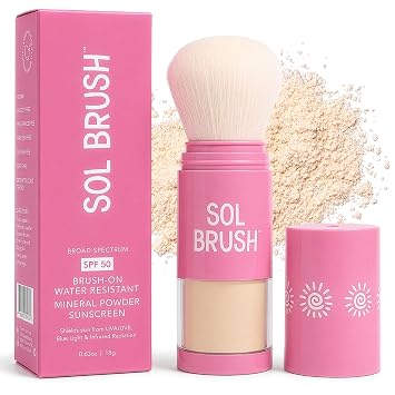 Protector solar mineral en polvo SPF 50, protector solar de amplio espectro UVA/UVB, aplicador de cepillo sin ensuciar, limpio y libre de crueldad, resistente al agua (80 minutos), rosa