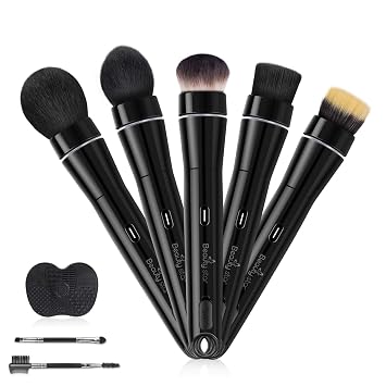 Juego de brochas de maquillaje giratorias eléctricas de 360°, 5 cabezales de cepillo veganos, cepillos faciales recargables para base, rubor, polvo, bronceador, contorno, resaltado y acabado de aerógrafo, cepillo plano Kabuki